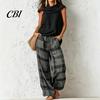 Relaxed Fit Drawstring Pants Women Top 2-Piece Set, Summer Ruffle Mock Neck Sleeveless Lightweight Outfits & Plaid Wide Leg Pants, Vintage Loose