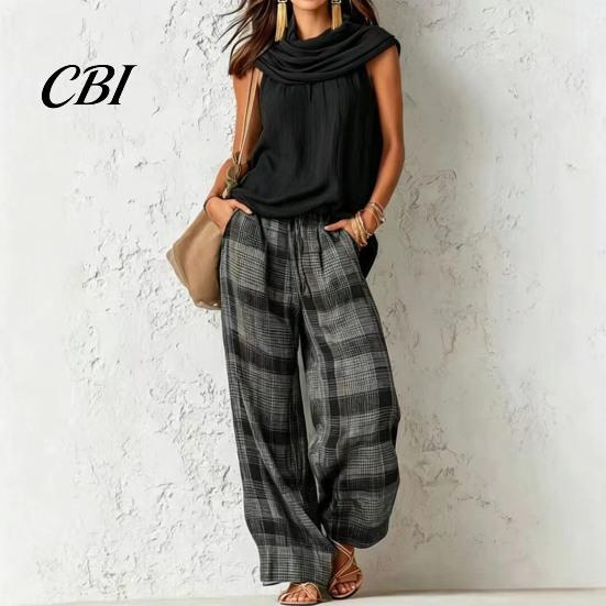Relaxed Fit Drawstring Pants Women Top 2-Piece Set, Summer Ruffle Mock Neck Sleeveless Lightweight Outfits & Plaid Wide Leg Pants, Vintage Loose