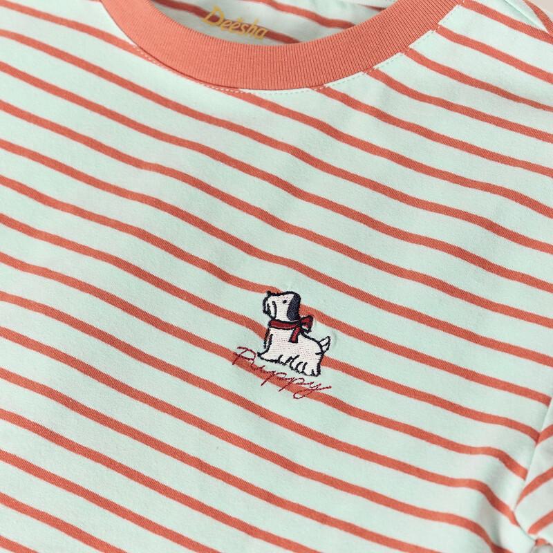 Deesha Girls' Striped Puppy Short-Sleeve T-Shirt