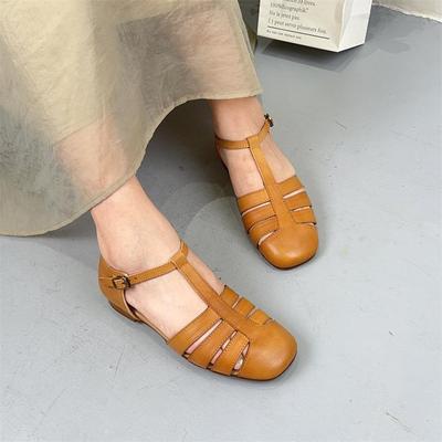 Handmade Genuine Leather Sandals Versatile Round Toe Buckle Strap Cowhide Flat Women's Shoes
