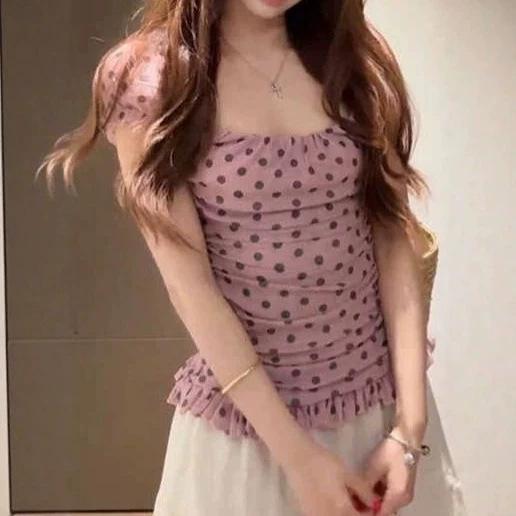 French sweet polka dot bubble sleeve niche T-shirt women's summer new slim and thin high-end mesh top