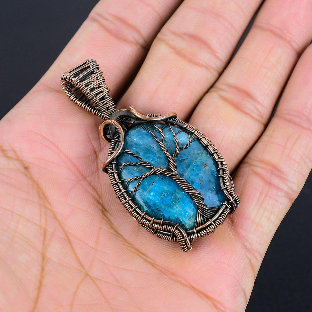 Neon Blue Apatite Gemstone Pendant 999 Copper Wire Wrapped Jewelry, Handmade Antique Pendant Jewelry, Gift For Mother