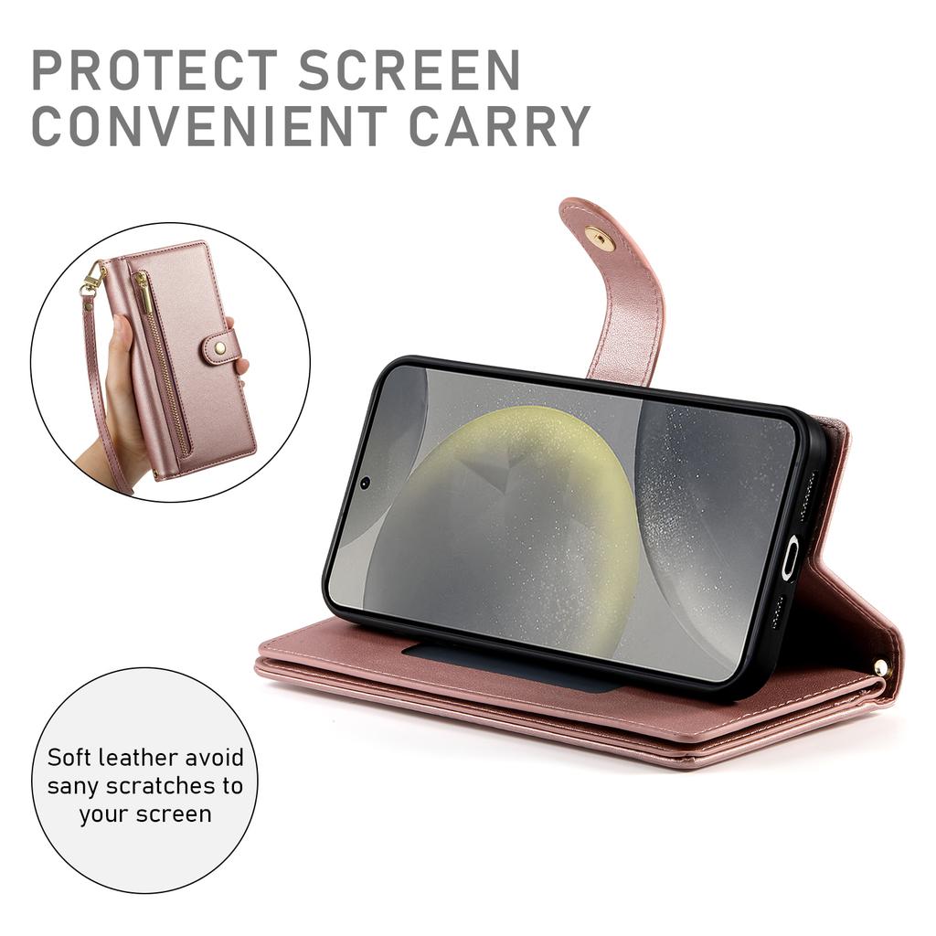 Für Samsung Galaxy S25+ Hülle Reißverschlusstasche Brieftasche Leder Handyhülle mit Tragegurten