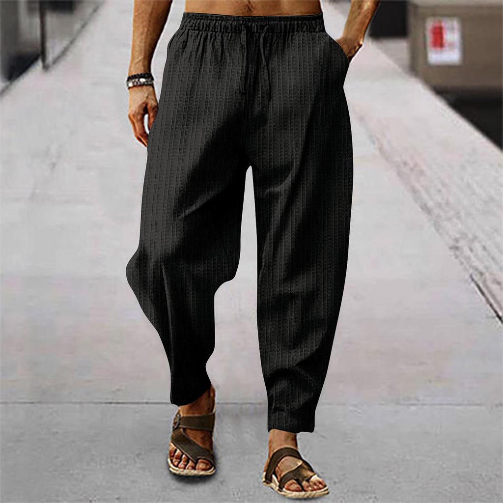 European/American Summer Men's Hip-Hop Cotton Linen Striped Loose Casual Sports Trousers