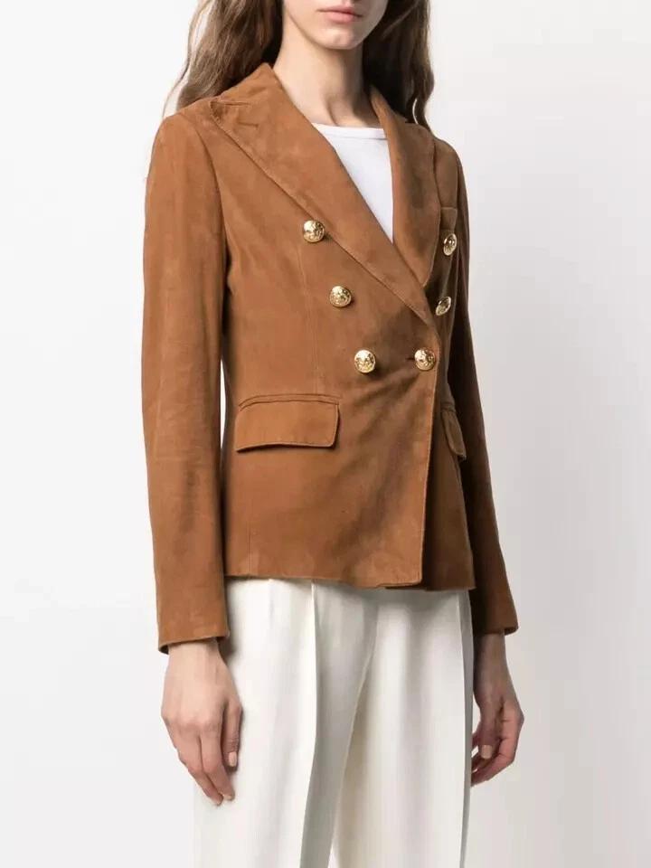 Handmade Stylish Formal Casual Brown Women Real Soft Suede Leather Blazer New