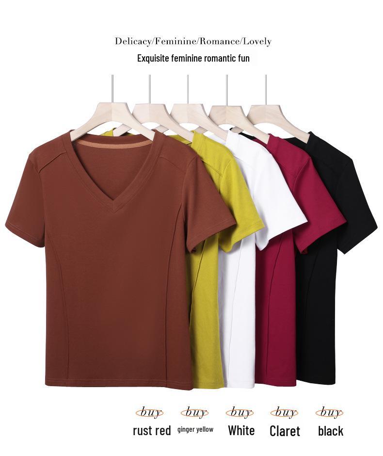 Korean Style V-Neck Cotton Short Sleeve Women's T-Shirt, Solid Color, Loose Fit, Plus Size, Spring/Summer Collection