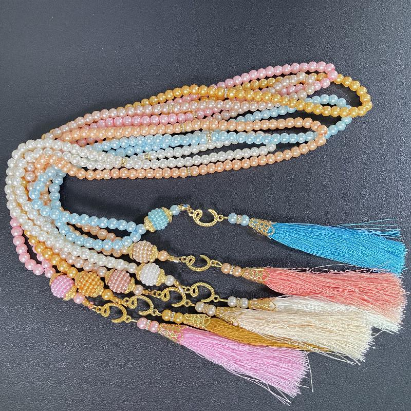 99 Glass Imitation Pearl Tassel Prayer Beads Bracelet Charms, Middle Eastern Design, 6mm Size