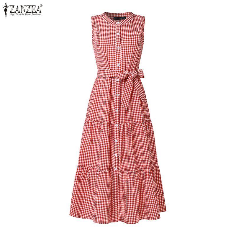 ZANZEA Women Casual Round Neck Loose Summer Grid Print Sleeveless Dress