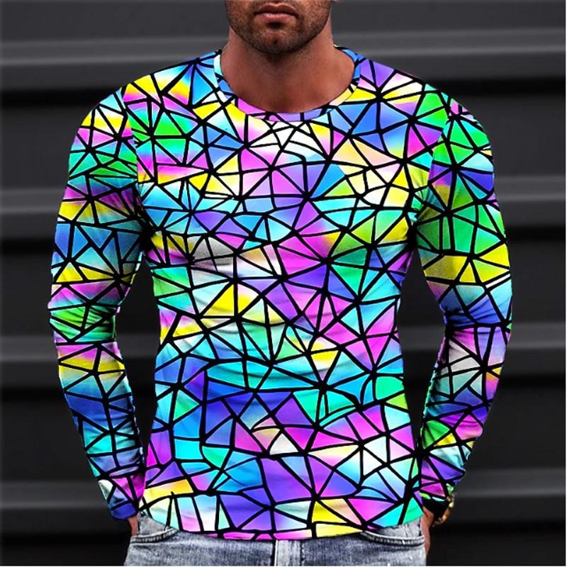Optical Illusion Pattern T-Shirt For Men Colorful 3D Printed T Shirts Summer Casual Harajuku Loose Tees O-Neck Tops Long Sleeves