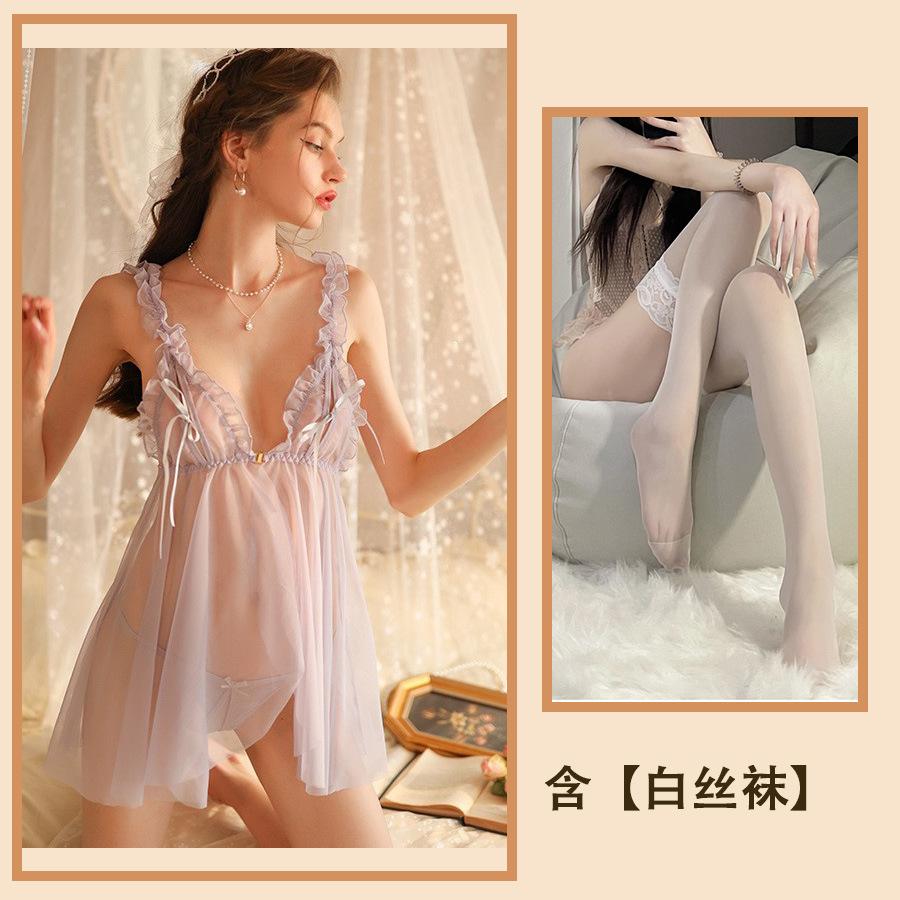 Sous-vêtements sexuels, pyjama sexy, séduction féminine, poitrine fendue, maille creuse, bretelles, perspective, chemise de nuit, costume féminin