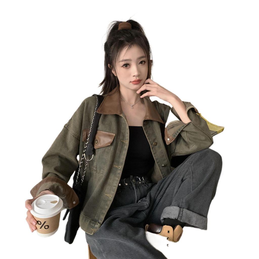 Women's Autumn Retro Patchwork Denim Jacket - Korean Style, Loose, Casual, Versatile
