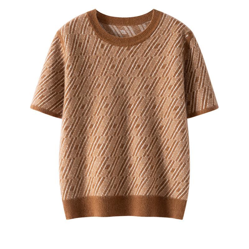 Women's Round Neck Herringbone Cashmere Sweater - Color Block, Short Sleeve, Loose Fit, Elegant Autumn/Winter Style.