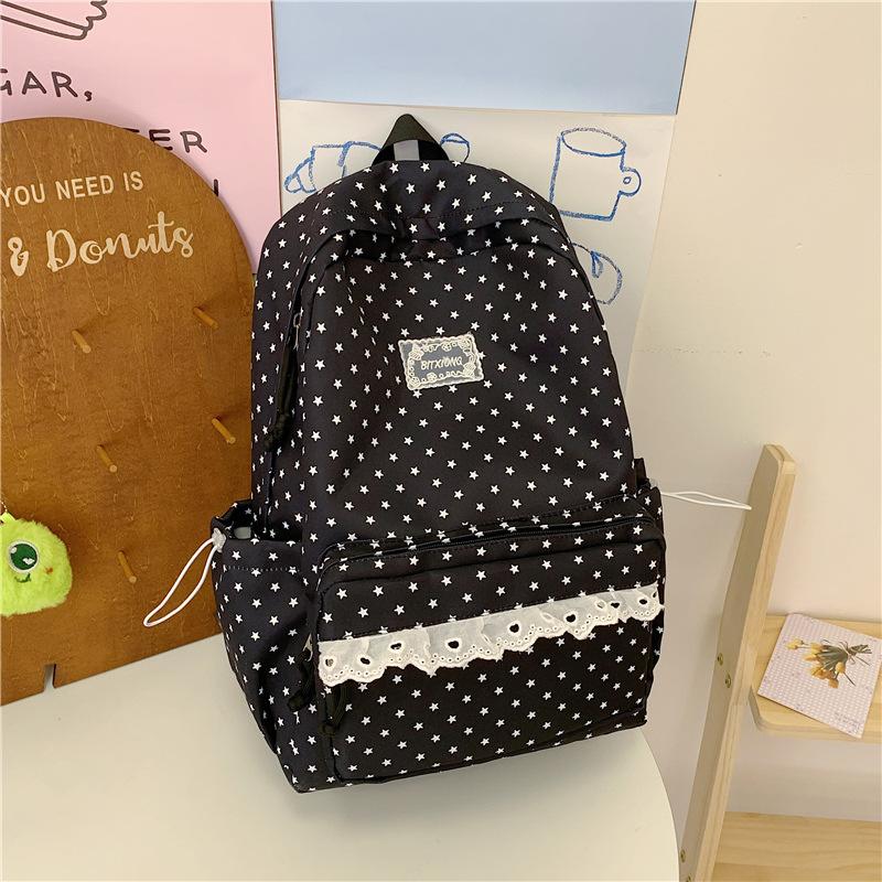 Zaino Grigio Nebbia con Ciondolo a Forma di Stella in Pizzo Borsa da Scuola Femminile Semplice a Pois Vento Gentile Zaino Grande Capacità per Studenti delle Scuole Medie