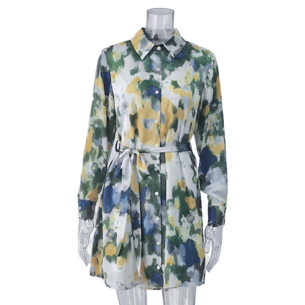 Australian long-sleeved printed dress European and American waist strap-up shirt skirt S зелёный