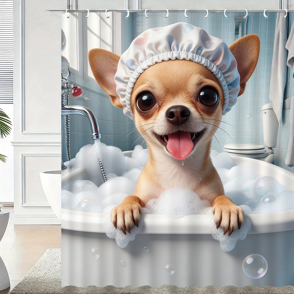 Cute 3D Cartoon Penguin Bathing with Bubbles Waterproof Shower Curtain - Fun Bathroom Decor