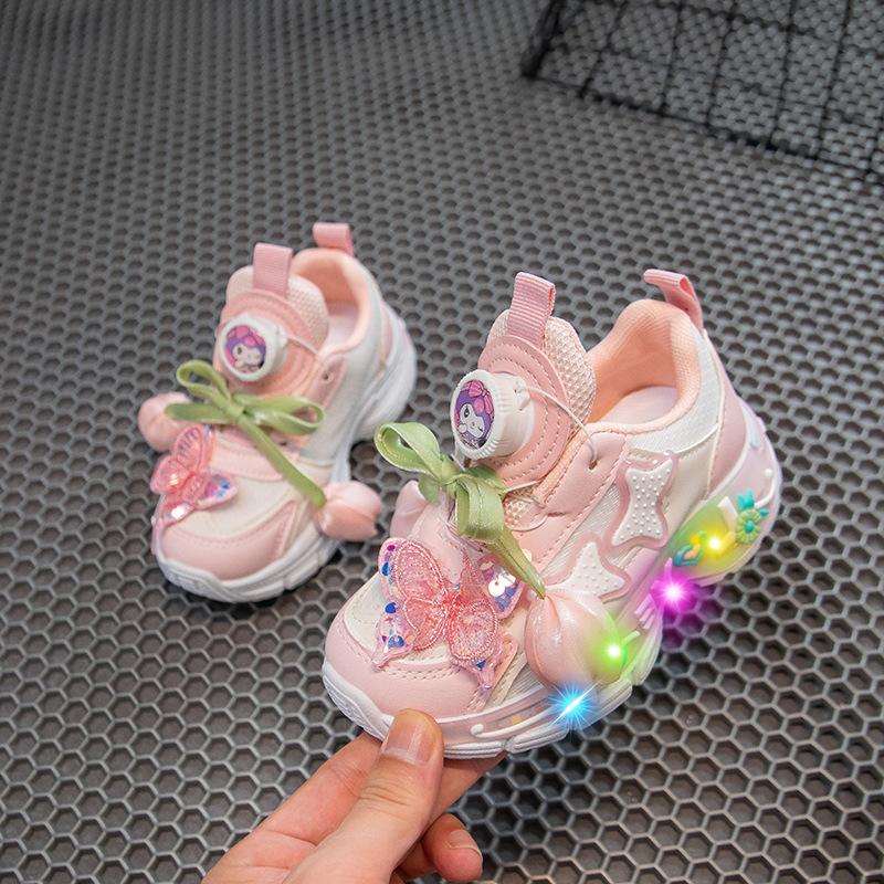 Autumn girls' mesh princess shoes, children's light-up breathable sneakers, girls' twist-button dad shoes