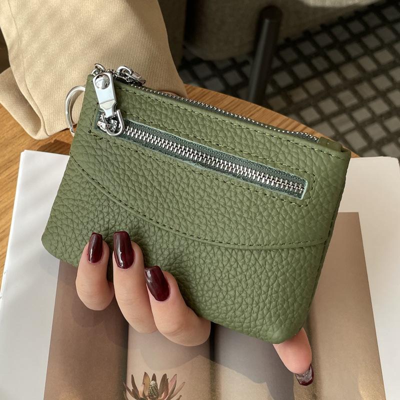 Change Bag Women's Short Small and Thin Zipper Change Bag New First-layer Cowhide Coin Key Storage