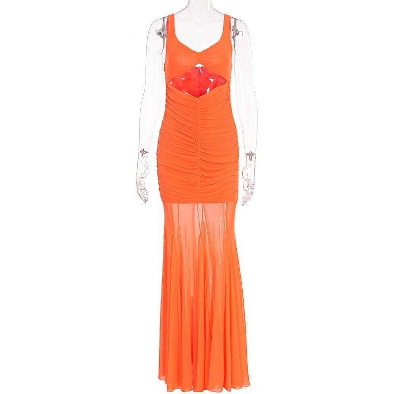 European and American women's clothing summer hollow hip dress skirt sleeveless pleated big pendulum fishtail beach vacation long dress