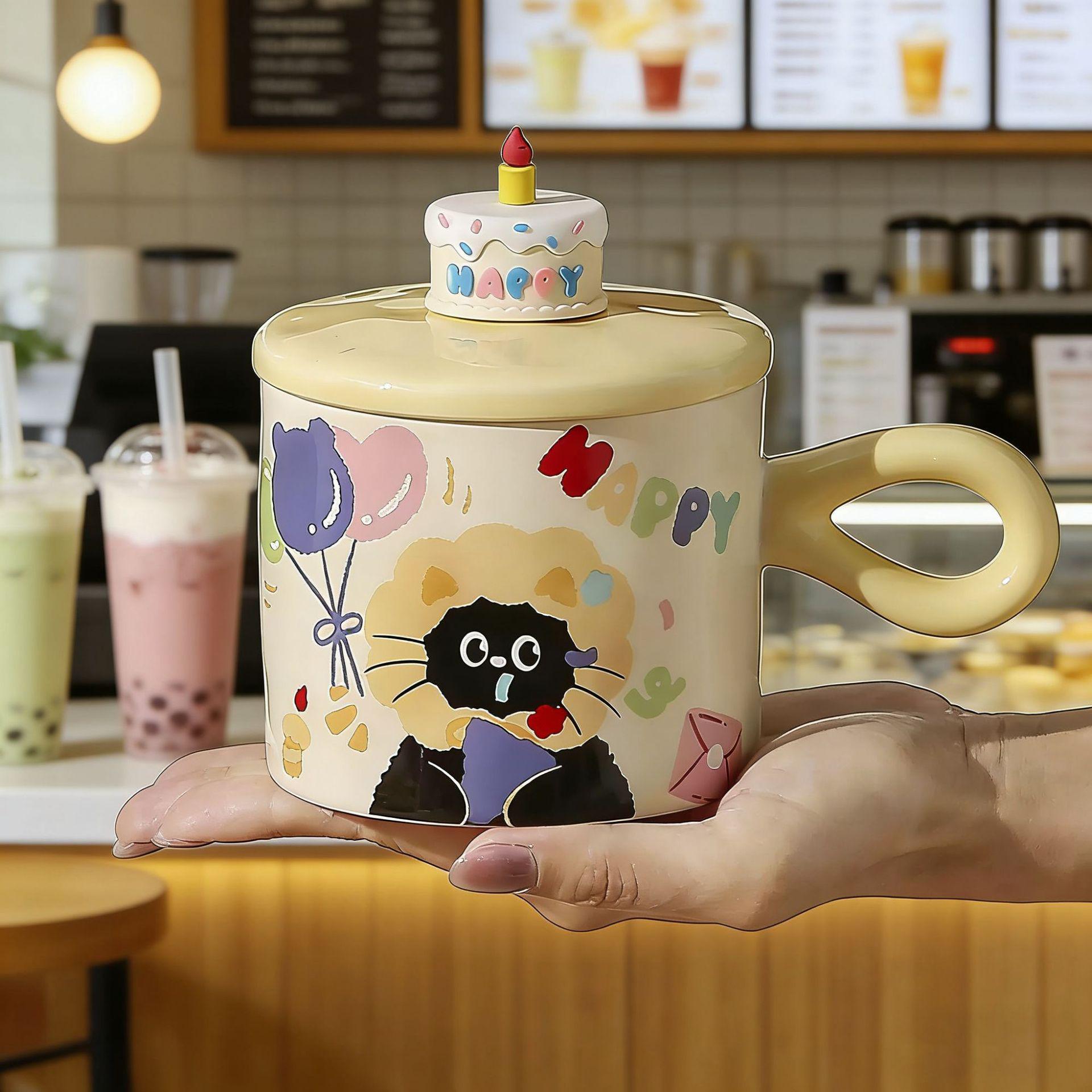 Cute Cartoon Cat Ceramic Mug Gift Set - Perfect for Birthdays or Breakfast 301-400ml