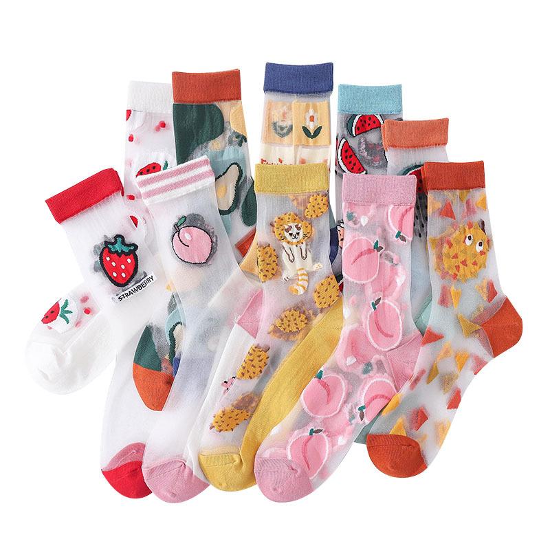 1Pair Japanese Korea Style Socks Women's Casual Creative Transparent Silk Trend Fruit Print Ultrathin Glass Silk Socks