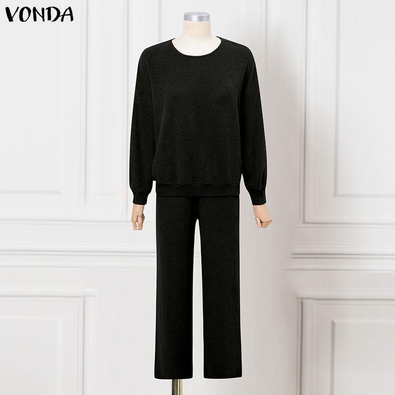 VONDA Spring Autumn Women Outfits Long Sleeve Rib Blouse and Pants Two Piece Knitted Suits