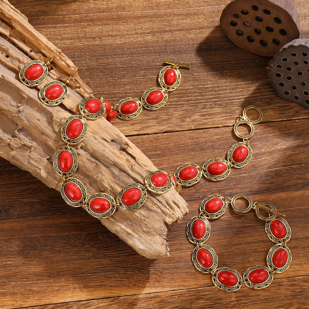 Retro Ethnic Style Choker Necklace Set , Turquoise Three - Piece Jewelry Set , Fashion Designer Choker and Earrings for