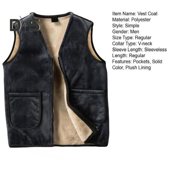 Men Vest Coat V-Neck Sleeveless Solid Color Velvet Lined Vest Coat with Pockets Zipper Closure Thickened Warm Bottoming Waistcoat
