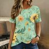 Women's Round Neck Short Sleeve Floral Print T Shirt Top with Button Detail Casual Lightweight Summer Blouse