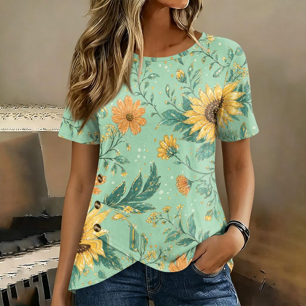 Women's Round Neck Short Sleeve Floral Print T Shirt Top with Button Detail Casual Lightweight Summer Blouse
