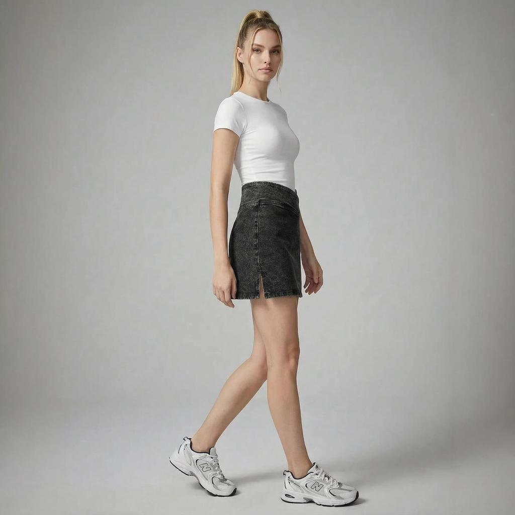 Stylish High-Waist Slit Faux Denim A-line Mini Skirt