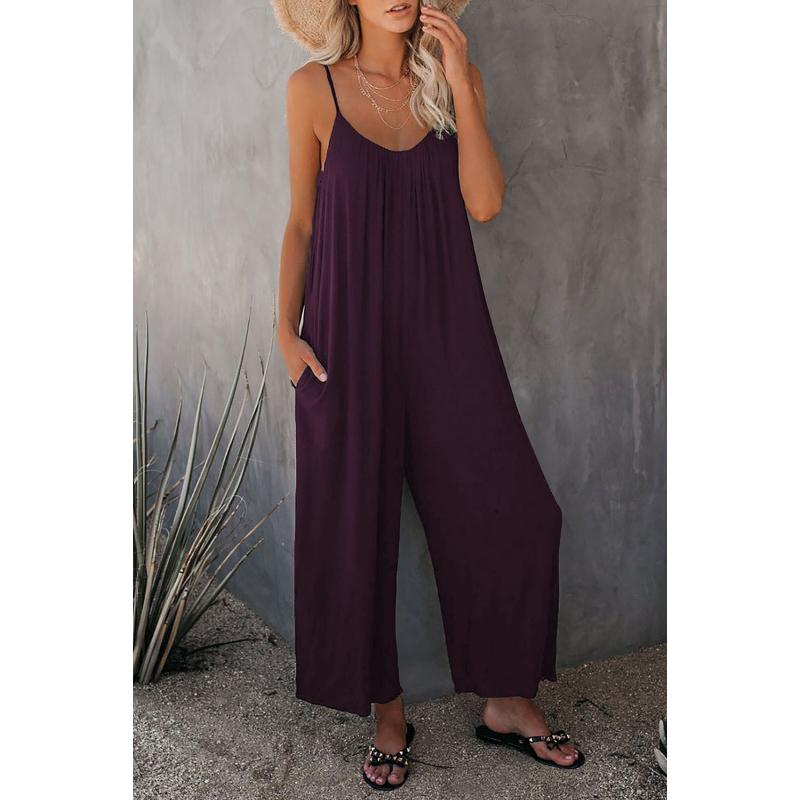 Women's V-Neck Spaghetti Strap Rompers Loose Wide Leg Long Jumpsuit With Pockets