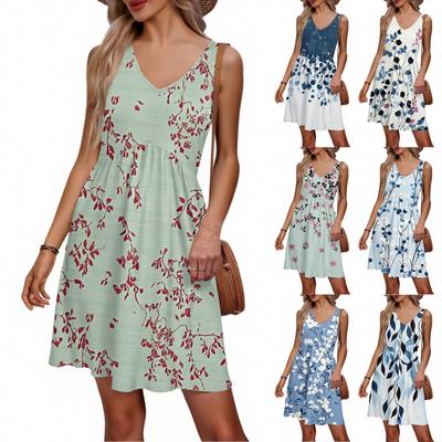 Women's Summer V-neck Casual Beach Vacation Retro Floral Print Sleeveless Patchwork Dress