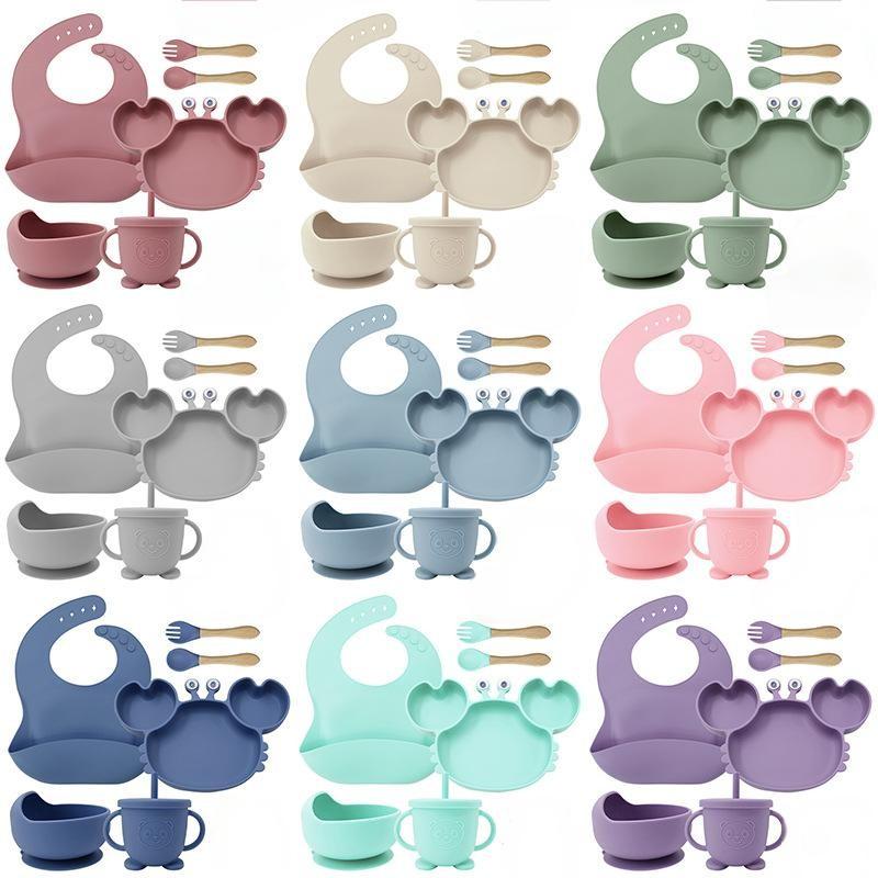 Silicone Dinner Plate Set Baby Children Learning To And Drink Feeding Tableware Baby 6pcs  Crab Compartment Food Bowl
