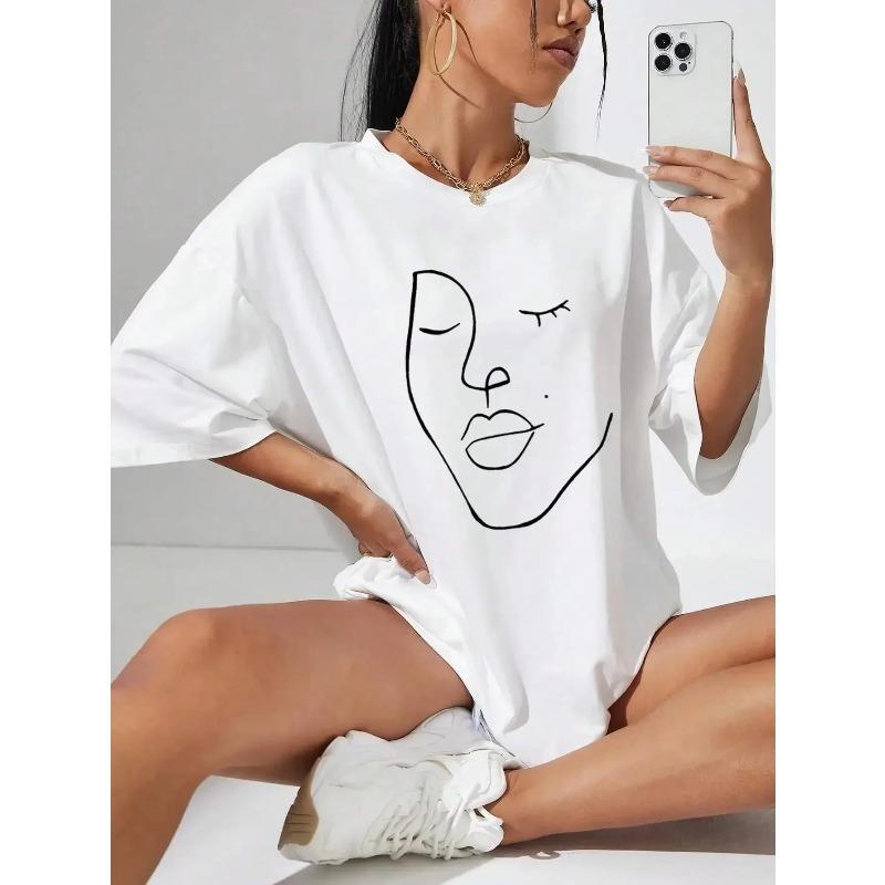 Simple Line Print Women's Face T-shirt Casual Short-sleeved Top  Comfortable Clothing, Harajuku Style Short-sleeved Casual Wear