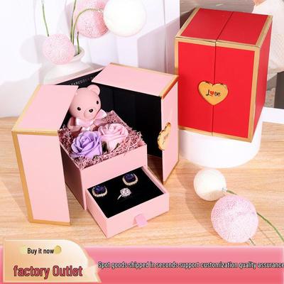 Kleiner Bär Doppeltür Geschenkbox: Konservierte Rose & Schmuckschublade für Geburtstage & Valentinstag