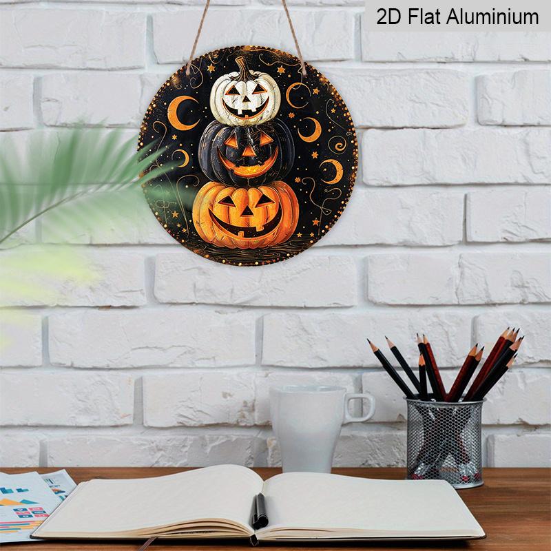2D Flat, 1pc Round Aluminum Hanging Sign, Halloween Wall Decor-Retro Pumpkin Magic Night Metal Art with Glowing Pumpkin Lanterns, Bats And
