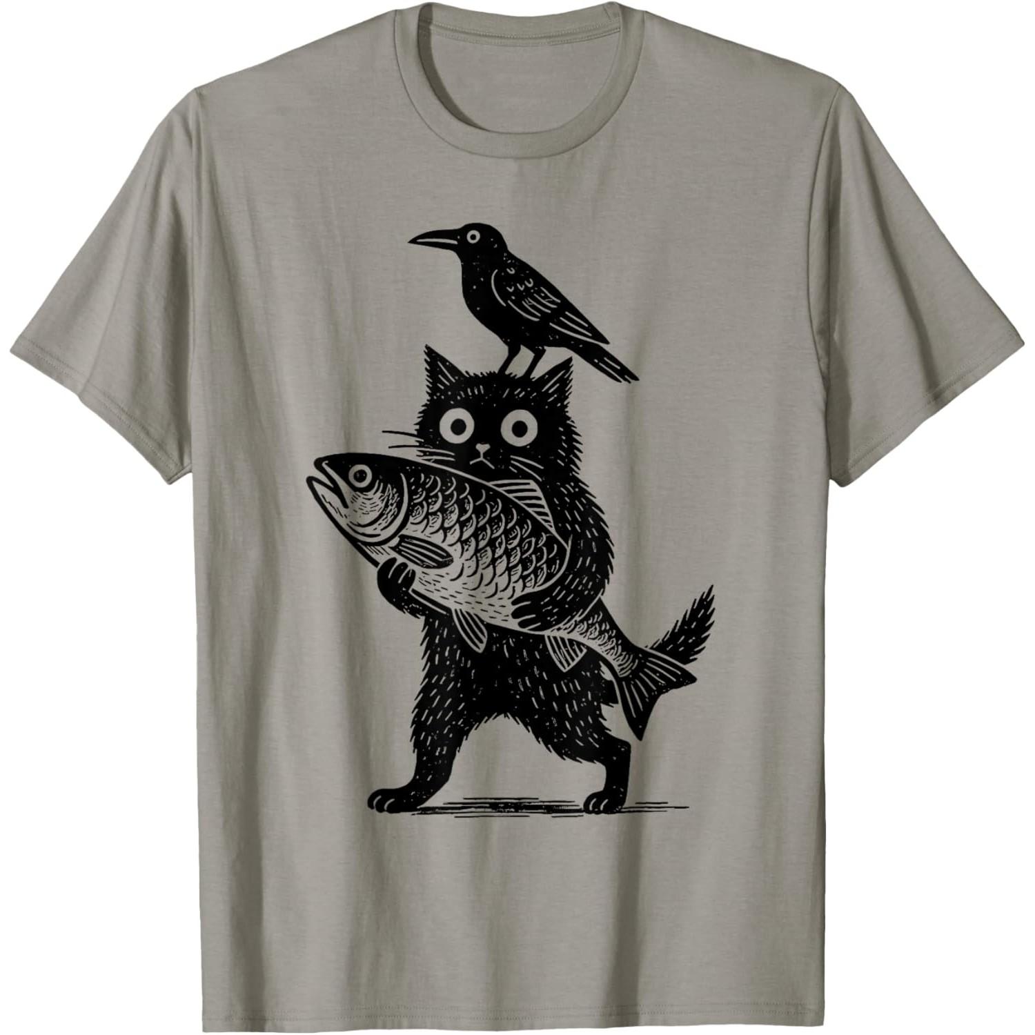 

Black Animals Funny Cat with Crow Catches Fish Japanese Art TShirt - Men s Summer Cotton Graphic Tee 5XL різнокольоровий