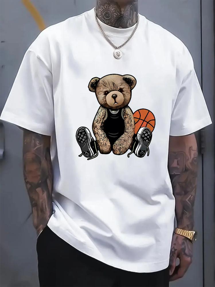 Funny Basketball Bear Print Short SleeveTshirt Round Neck Summer Tee for Men's Casuanl Loose Soft Cotton Casual T-Shirt