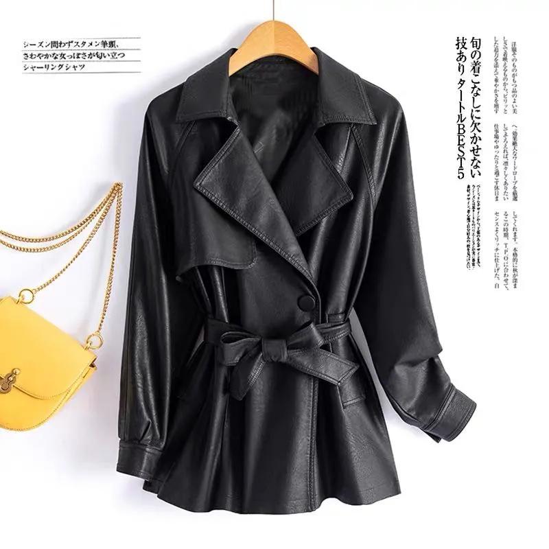 Spring Autumn Women's Strap PU Leather Jacket Fashion Slim Suit Collar Coat Lady Big fur collar Thick Jackets