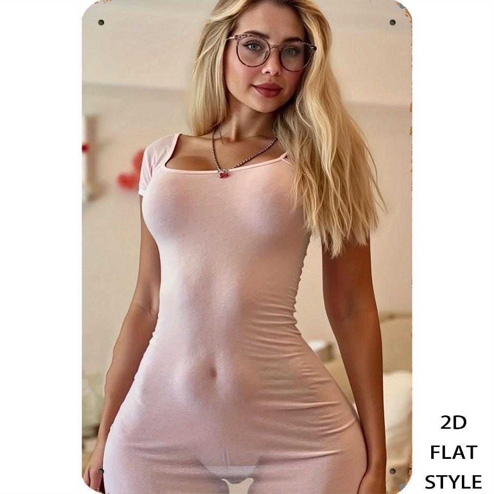 Retro Metal Iron Sign 8in*12in Vintage Blonde Woman Pink Dress Wall Poster Man Cave Garden Yard Wall Decoration