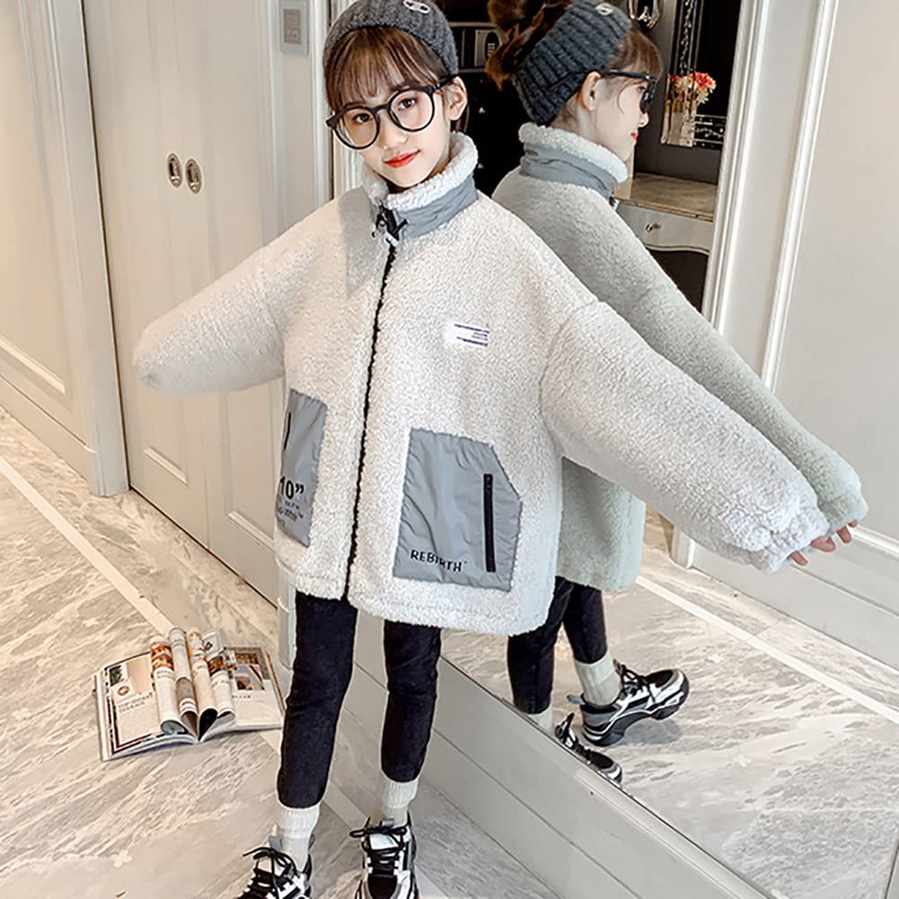 NOMSOCR Îmbrăcăminte exterioară din lână pentru mărimi pufoase și de iarnă Mărime Palton pentru copii, Jachetă, Fete, Cald, Jachetă, 120cm-170cm (Bej, 160cm)