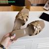 Fashion Cross Genuine Leather Women Slippers Square Toe Slip On Open Toe Flat Sandals Patent Leather Fashion 2025 Summer Sandal Slides