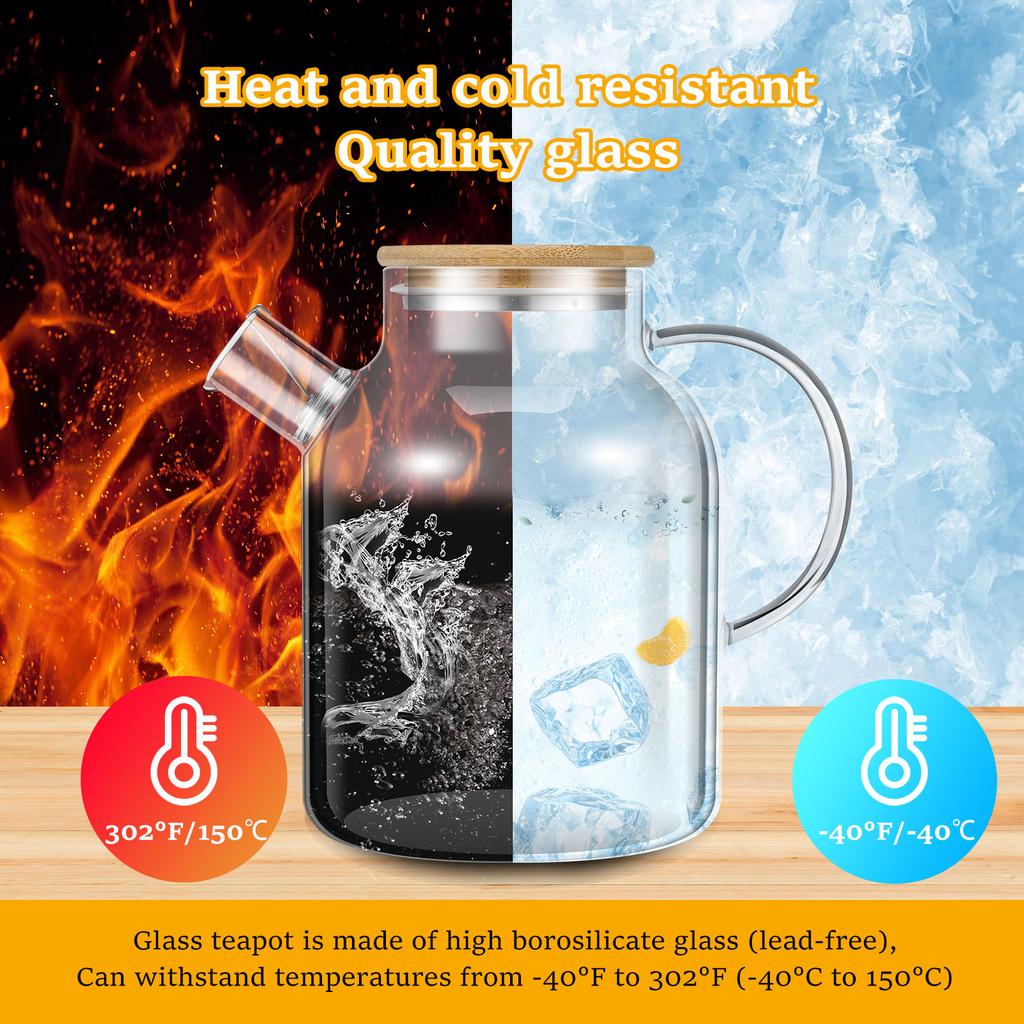 Caraffa in Vetro con Coperchio in Bambù 1800ml Caraffa Acqua in Vetro Multifunzionale Resistente al Calore Brocca in Vetro con Manico per Tè Caldo Freddo