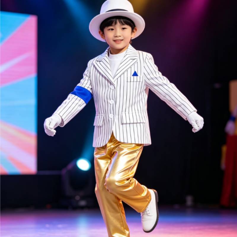 Childrens Michael Jackson Costume With Striped Trousers And Gold Fabric For Stage Performance