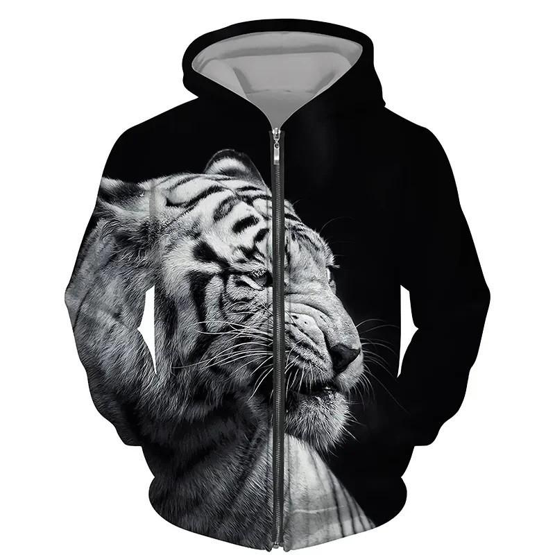 Tiger 3D Print Zip-Up Hoodie Youth Casual Loose Fit Winter Sweatshirt