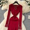 Autumn Spring Women Elegant O-neck Full Sleeve Beading Knitted Sweater Party Long Midi Pullover Dresses