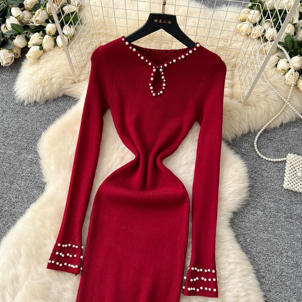 Autumn Spring Women Elegant O-neck Full Sleeve Beading Knitted Sweater Party Long Midi Pullover Dresses