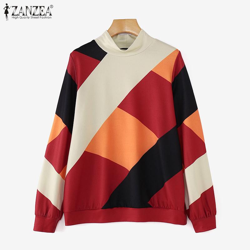 ZANZEA Women Autumn Turtleneck Long Sleeve Contrast Color Knitted Sweaters