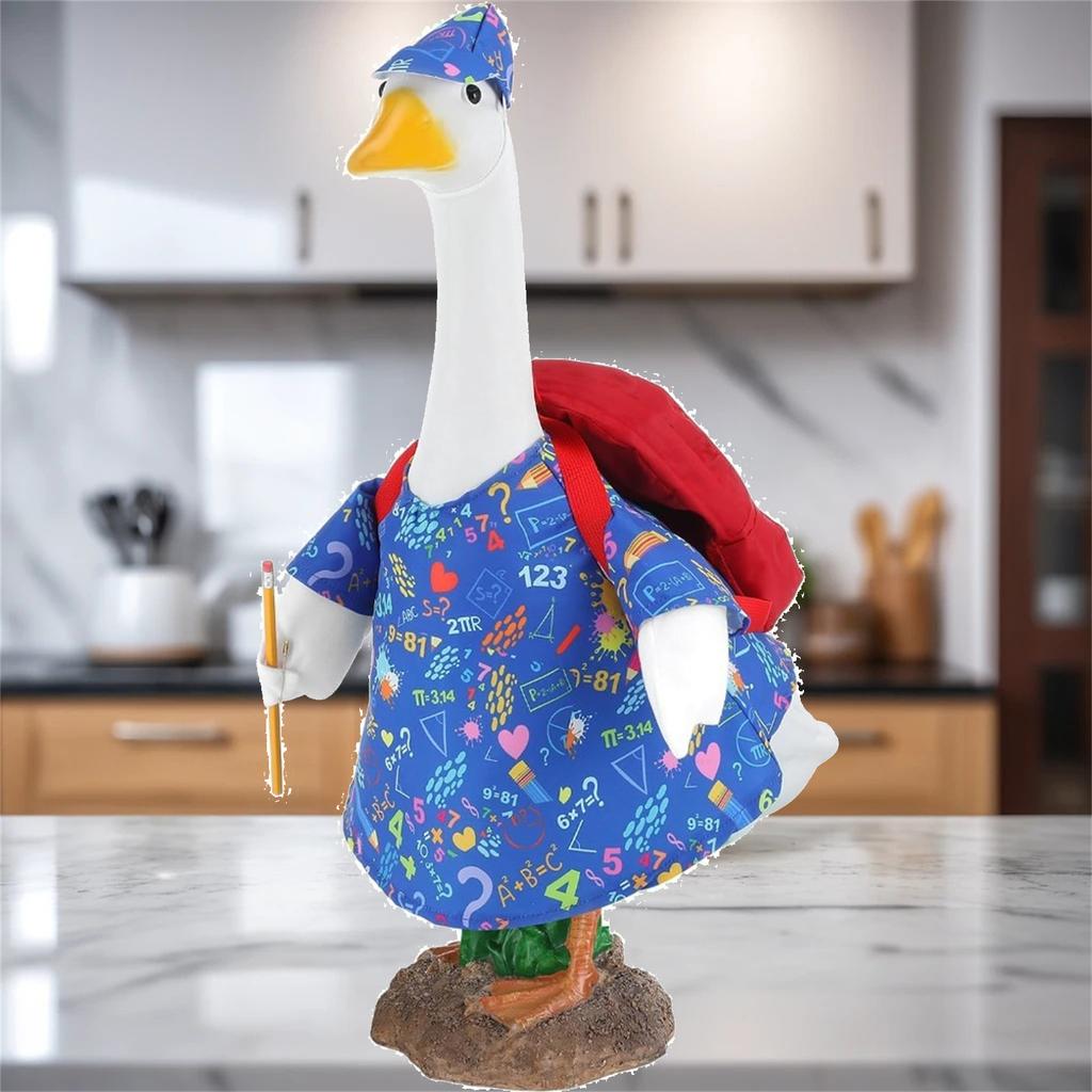 3 Piece Porch Goose Costume Set Garden Courtyard Home Front Door Decoration Blue Goose Printed Dress Red Backpack