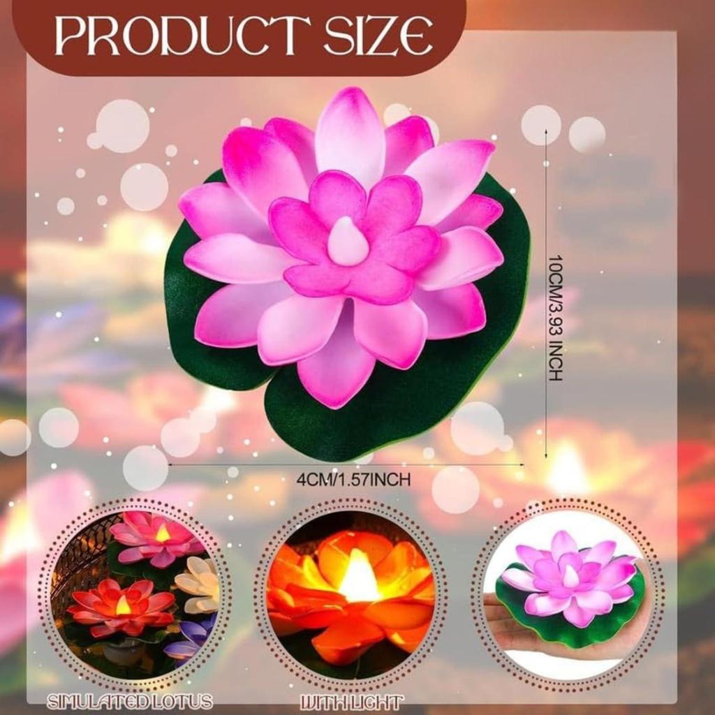 Multicolored, Smokeless and Flameless Tea Lights for Diwali - VERVENIX Set of 6 Floating Lotus LED Candles with Water Sensor